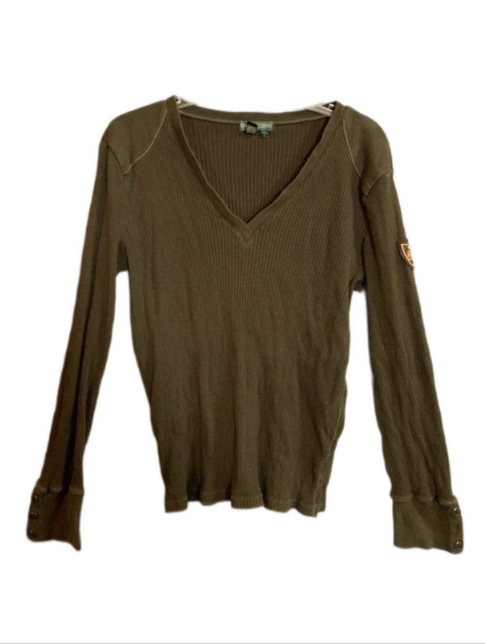Lauren Ralph Lauren Olive Ribbed V-Neck Shirt with Crest Patch